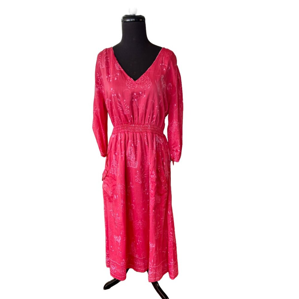 NWOT PRESS Melanie Press (British Designer)Pink Floral 100% Cotton Dress Size L